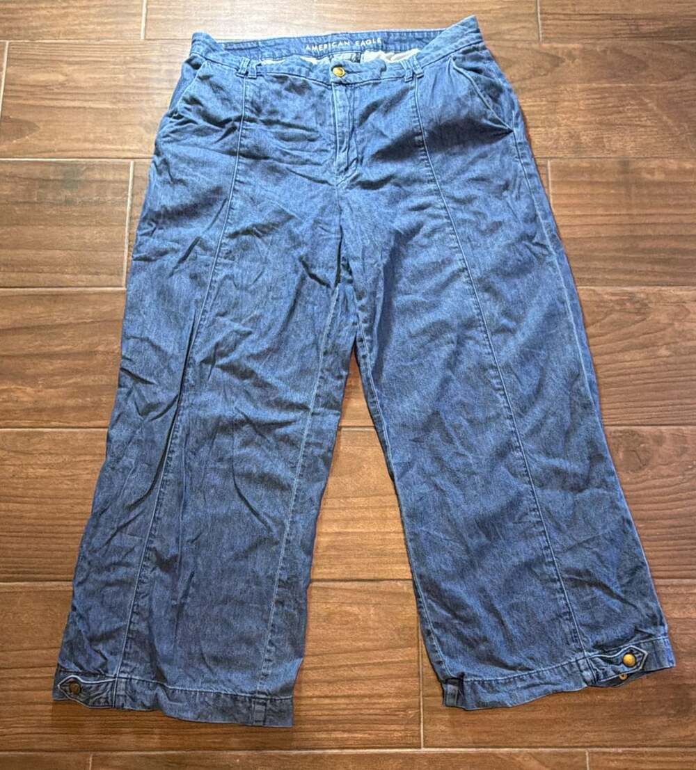 American Eagle Outfitters Blue Denim Short Wide Leg Pants Size 12 Short